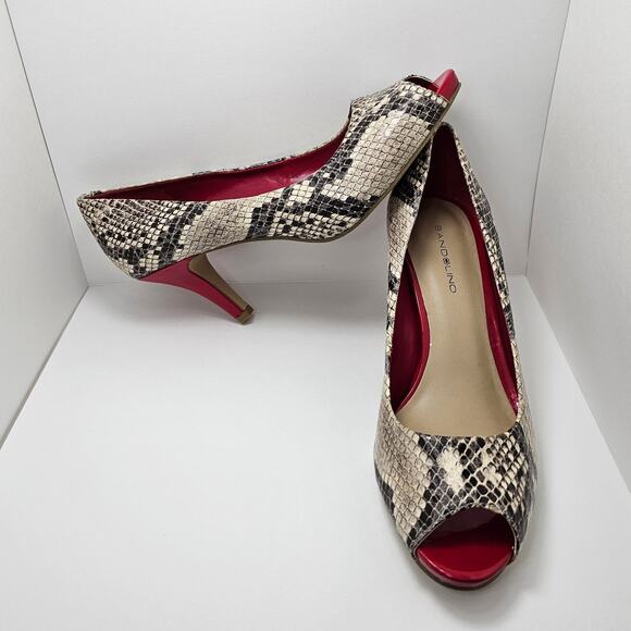Bandolino Snakeskin & Red Vegan Leather Open Toe Heels - US Women's Size 8M - Picture 1 of 7